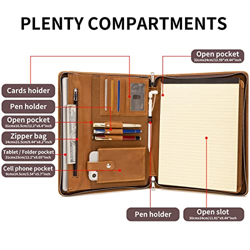 Handmade Crazy-Horse Leather Portfolio Vintage Padfolio Case, Zippered Professional Organizer For Men & Women For Ipad Pro/Surface Pro, With Letter Size Notepad (Ipad 10.2 Inch/ 10.5 Inch/ 11 Inch) #TOP2