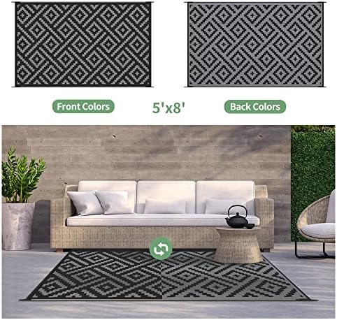 GENIMO Outdoor Rug, Waterproof Plastic Rugs for Patio, 5'x8' Black Grey - 1