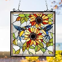 Capulina Stained Glass Window Hangings Panels Sunflower and Birds Tiffany Style Traditional Art Handcrafts for Home Decor and Gifts
