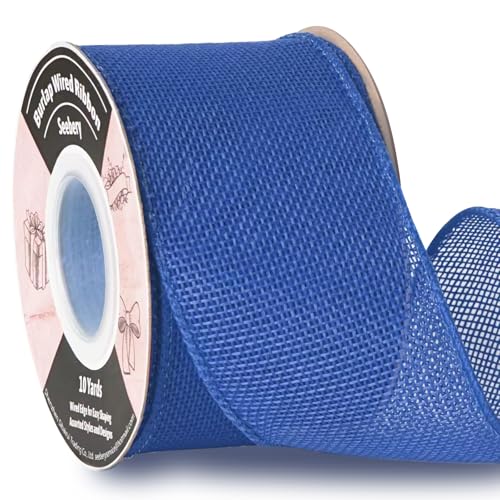 Burlap Wired Ribbon 2-1/2 Inch x 10 Yards Solid Wired Edge Ribbon for Big Bows, Wreaths, Outdoor Decoration, Gift Wrapping, Fall Crafts, Flower Bouquets, Garland (Blue)