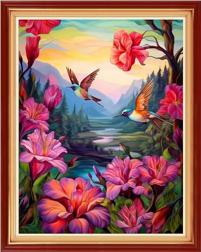 Image of Dimensean Stamped Cross Stitch Kits Full Range of Embroidery Patterns Starter Kits for Beginners Adult DIY Cross Stitches Needlepoint Kits 11CT-Hummingbird Flowers 16x20 inch