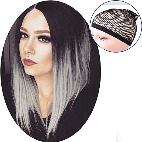 Lady Miranda Ombre Gray Bob Wig Black Roots Heat Resistant Synthetic Wigs No Bangs Wigs for Women(black&gray)