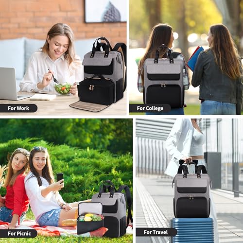 BERTASCHE Lunch Backpack for Women, 15.6 Inch Laptop Backpack with Insulated Cooler Lunch box, Nurse Backpack for Teacher Work Travel College Picnic,Black-Grey by BERTASCHE - Image 7