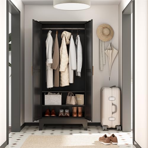 Image of Metal Wardrobe Closet with Doors and Shelves, 71 inch Farmhouse Bedroom Armoire with Hanger Rod and Clothing Shelf, White Steel Wardrobe Cabinet Storage Clothes Closet