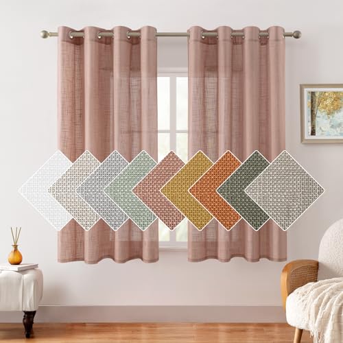 Image of HOMEIDEAS Blush Pink Linen Textured Sheer Curtains, 63 Inches Long 2 Panels Dusty Blush Semi Sheer Curtains Farmhouse Window Drapes for Bedroom Living Room, 2 Panels, W52 x L63
