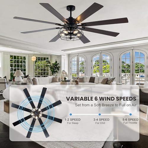 Image of 72 Inch Ceiling Fans with Lights Black Farmhouse Ceiling Fan with Remote for Living Room Large Caged Chandelier Fan 5*E26 Bulbs 6 Speed Reversible Quiet DC Motor Wood Blades (NO Bulbs)