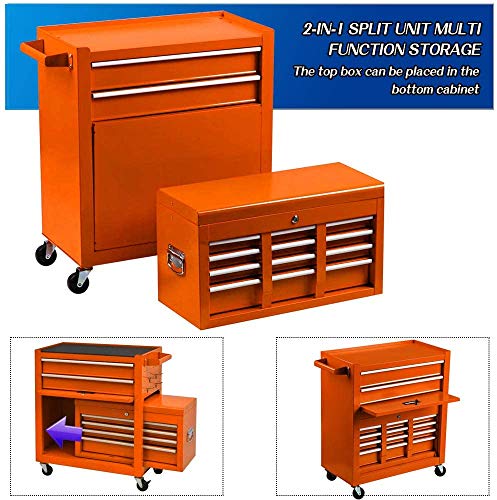 8-Drawer Rolling Tool Chest,Big Tool Chest and Tool Storage Cabinet,Tool Chest with 4 Wheels,Removable Portable Top Box with Lock Tool Chest for Garage and Warehouse (Orange)
