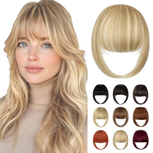Fanguilar Bangs Hair Clip in Bangs French Light Blonde Mix Bleach Blonde Fake Bangs Hair Clip on Bangs for Women Fringe with Temples Hairpieces Faux Bangs for Daily Wear