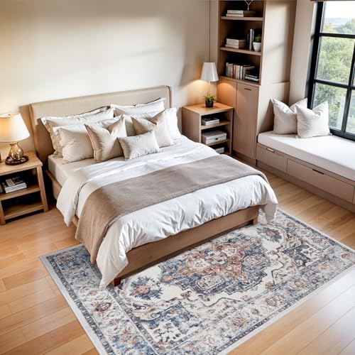 5x7 Living Room Area Rugs: Washable Non-Slip Stain Resistant Rug for Nursery Bedroom Dining Room Vintage Ultra Soft Indoor Carpet for Kitchen Farmhouse Distressed Floor Mat for Home Office (5x7 Brick)