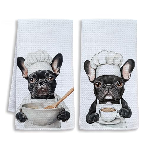 Shrago Funny Chef French Bulldog Kitchen Towels, French Bulldog Frenchie Gifts for Women Men Dish Tea Towels for Kitchen, Gifts for Chefs Coffee Lovers Decorative Hand Towel, 16x24 Inch Set of 2