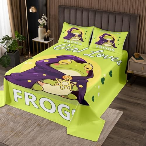 jejeloiu Kids Cute Frog Coverlet Set King Size Girl Loves Frogs Bedspread for Boys Girls Teens Room Decor Cartoon Tropical Amphibian Wildlife Quilted Coverlet