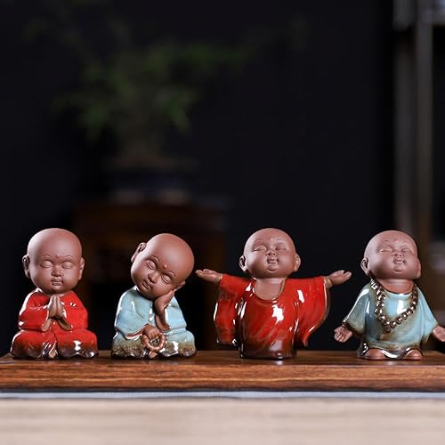 Miniatura 6 de Estatua de monje de Buda roja, figura de cerámica para bebé, té de monje zen, figura de mascota, estatua de meditación de 3.7 pulgadas para