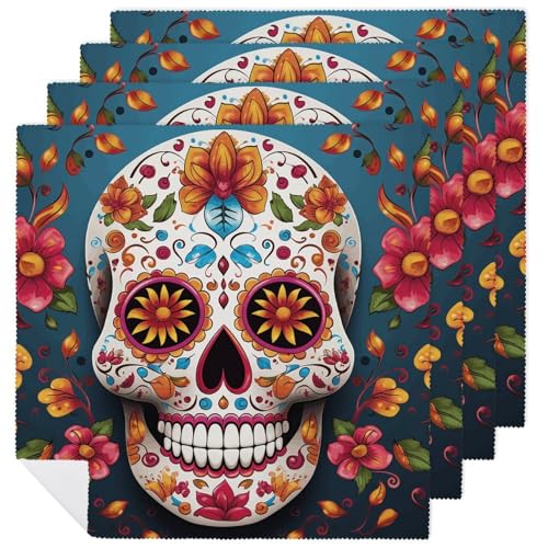 Servilletas de tela coloridas con diseño calavera azúcar, pack 4 miniatura 1