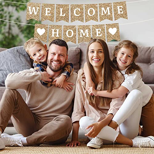 Image of Pre-Strung Welcome Home Banner - Gold Glitter Welcome Home Banner | No DIY - Pre-Strung on 6 ft strands - Party Decorations for Homecoming, Military Return, & Housewarming Decor