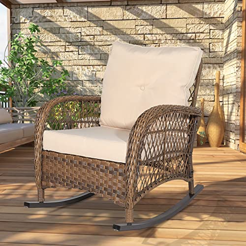 W Warmhol Outdoor Wicker Rocking Chair With Thickened Cushions, All-Weather Rattan Patio Rocking Chairs, Rocker Wicker Chair For Porch Garden & Backyard, Beige #TOP6