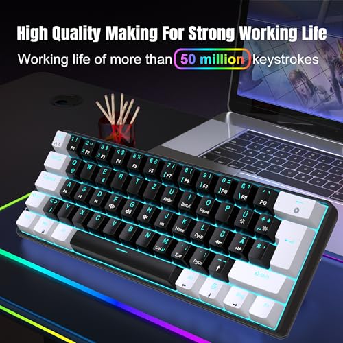 ELLOTECH Mechaniczna klawiatura gamingowa 60%, QWERTZ (układ DE), 62 przyciski, brązowe przełączniki, lodowo-niebieskie, oświetlenie LED, przewodowa, Anti-Ghosting, czarno-biała (brązowy przełącznik