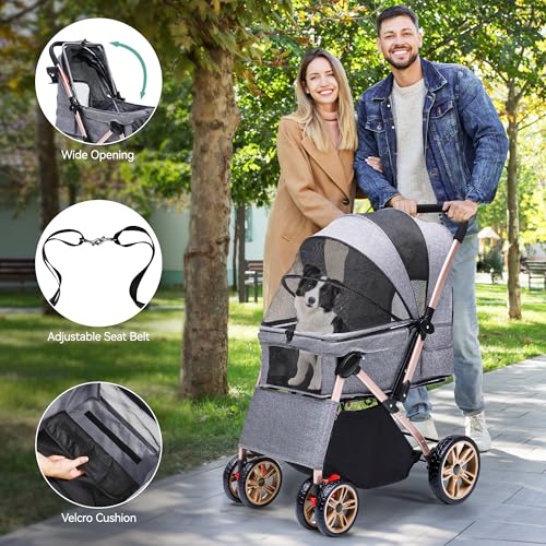 YITAHOME Hundebuggy Hundewagen klappbar für Hunde & Katzen, Haustierbuggy bis 22 kg mit umkehrbarem Griff, Netzfenstern, Getränkehalter, 360° drehbare EVA-Räder mit Bremsen (Grau)