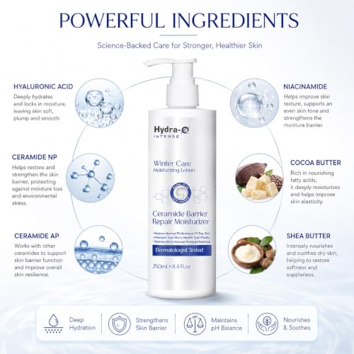 Image of Hydra Q Winter Care Moisturizing Cream | With Hyaluronic Acid, Ceramide Complex, Niacinamide, Shea Butter, Cocoa Butter & Natural Oils | Intensive Daily Moisturiser for Dry Skin | 250ml