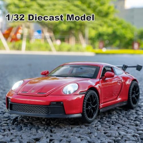Image of 1:32 Porsche 911 GT3 Sport Car Model - Diecast Alloy Toy Vehicle with Pull Back Action, Sound, Light & Openable Doors, Hood & Trunk for Kids and Collectors (RED)