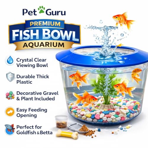 Pet Guru Premium Crystal Clear Fish Bowl Aquarium with Lid, Decorative Gravel and Plant Included, Durable Plastic, Perfect for Goldfish (Random) - Image 5