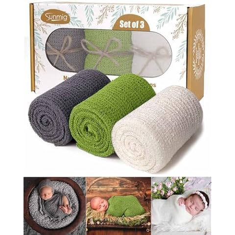 Sunmig Newborn Photography Props, 3 Pcs Baby Stretch Wraps, Professional Baby Photo Props Long Ripple Wrap, for 0-6 Months Baby (Dark Grey+Green+White) Cover
