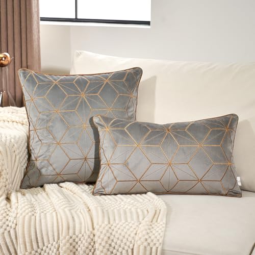 Aeckself Grey Gold Plaid Geometric Throw Pillow Cover 20X20 Inch, Soft Velvet Embroidery Cushion Case Luxury Modern Square Decorative Pillow With Stitched Edge For Couch Living Room Bedroom thumb #3