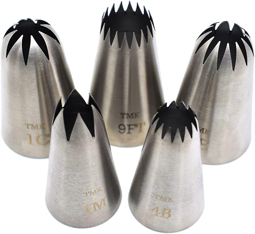 5 Pack Stainless Steel Seamless Piping Icing Tips #9FT 1C 1E 1M 4B, Large Star Piping Nozzle, Cake Decorating Tools for Baker