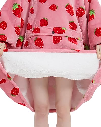 VERTAST Übergroße Hoodie Decken Sweatshirt, Super Warmer Dicke Sherpa Deckenpullover Blanket Hoodie Kuschelpullover für Damen Herren, Rosa Erdbeere