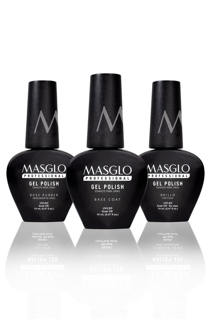 MASGLO Gel Polish Kit Perfect Start 3 PCs (2 Base Coats, 1 Top Coat) - Bases y Brillos Semipermanentes