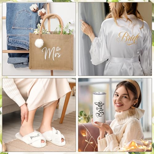 Handepo 5 Pcs Bridal Shower Robe Gifts Bride Gift Set with Sleeping Eye Mask Slippers for Wedding Party Bridesmaids(Bride)4