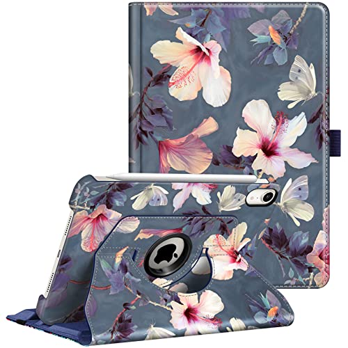 Fintie Rotating Case for iPad Mini 7 (A17 Pro, 7th Generation) 2024 / iPad Mini 6 (6th Gen) 8.3 Inch - 360 Degree Swiveling Stand Protective Back Cover, Auto Wake/Sleep (Blooming Hibiscus)