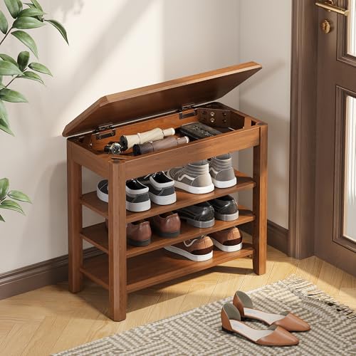 IUNVR Shoe Rack Bench Seat Rubberwood 3-Tier Wooden Storage Bench 550lbs Compact Mid-Century Modern...