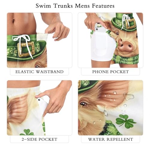 Mens Swim Trunks with Liner, Pig Cute Stpatricks Day Cool Quick Dry Beach Swim Shorts, Swimwear Bathing Suits S3
