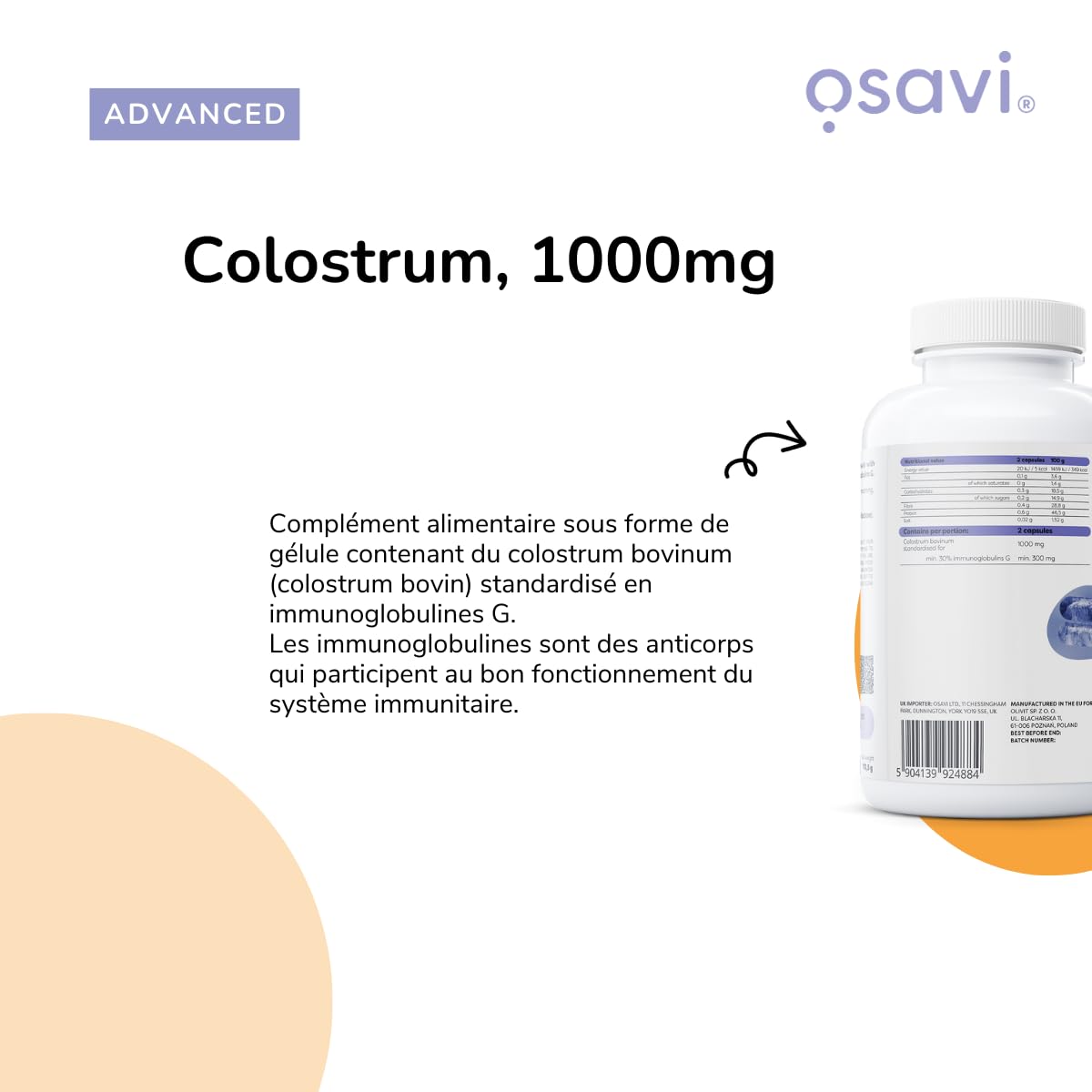 Osavi Colostrum 1000 mg – 180 gélules | Colostrum bovin hautement concentré contenant 30% d'immunoglobulines G | Provenant de vaches Holstein-Friesian | Sans OGM
