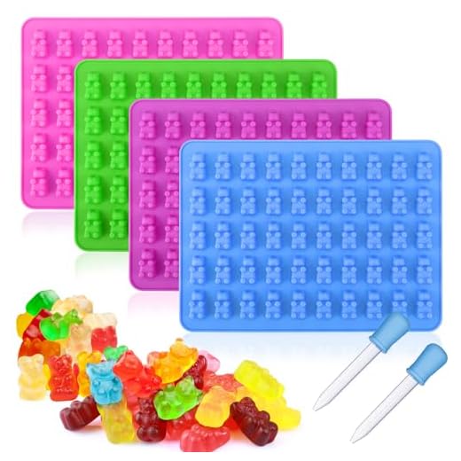 Palksky 4Pcs Gummy Bear Mold Silicone, Fruit Snack Molds, Gummies Trays Molds with Dropper for Candy Chocolate