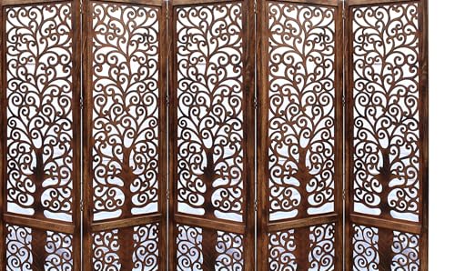 Image of Artesia Wooden Handcrafted 5 Panel Room Divider Without Stand Partition for Living Room | Foldable Privacy Screen with Tree of Life Carved Design | Decorative Partition Wall Panel for Home, Bedroom