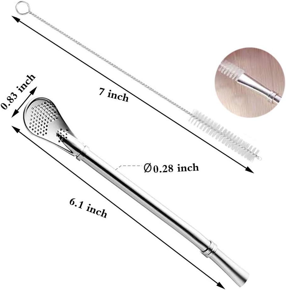 Yerba Mate Bombilla Gourd Drinking Filter Straws 304 Food-Grade Stainless Steel 6.1 inch Long Spoon Bombillas Straws for Mate Tea Set of 3 with Cleaning Brush (silver)