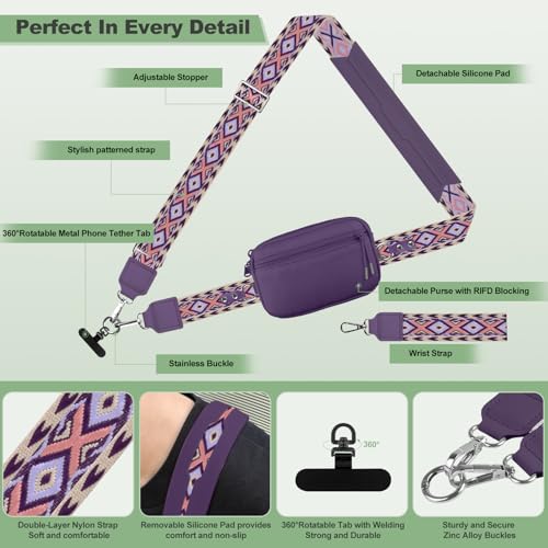 Image of YFWE Clip and Go Strap for Phone with Wallet Crossbody, Adjustable Phone Lanyard with Detachable RFID Wristlet Wallet, Pattern Strap, Dark Purple(M)