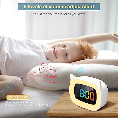 Smouping Cute Cat Ear Alarm Clock With Rgb 7 Color Night Light & 18 Ringtones,Rechargeable Clock For Kids Bedroom,Led Colorful Digital Display,Bedside Clock For Boys,Girls(White) #TOP4