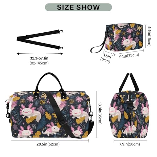 Funny Axolotl Leaf Blossom Large Travel Duffle Bag Weekender Overnight Bags Gym Yoga Bag for Women Men with Toiletry Bag3