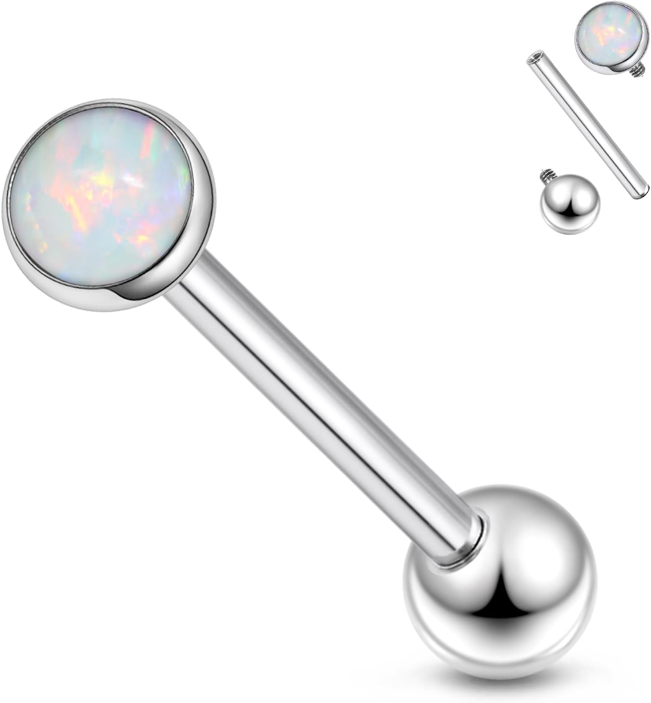14G Astm F136 Titanium Tongue Rings Piercing Jewelry 14 Gauge Internal Thread Straight Barbell Opal Tongue Rings Piercing Jewlery for Women Men White Pink Purple Blue Green 16MM Bar Length