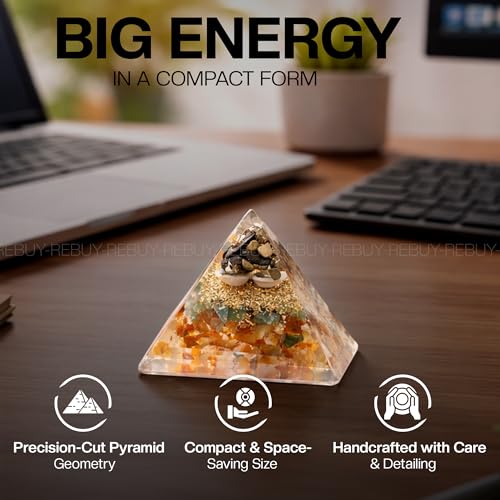 Image of Money Magnet Pyramid with Natural Pyrite, Gomti Chakra, Pyrite Dust, Green Jade, Carnelian Stone | Crystal Orgone Pyramid Showpiece for Home & Office | Ideal for Good Luck, Success, Positive Energy