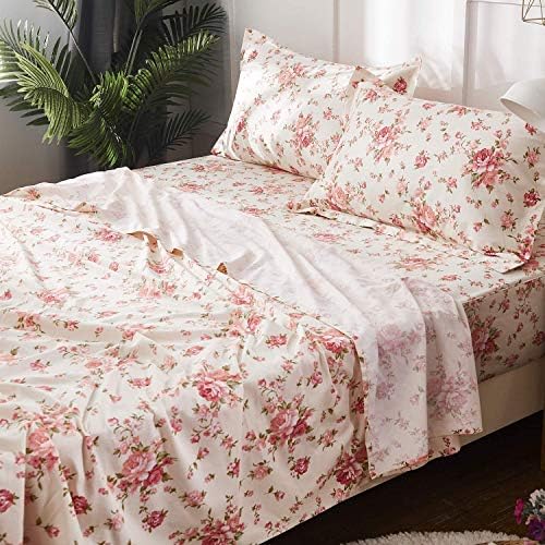 Brandream King Size Sheets Cotton Farmhouse Bedding Sets Shabby Floral Chic Bed Sheet Set Deep Pockets 18 Inch Beige