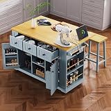 Yayzy Rolling Kitchen Island with 2 Bar Stools, Drop Leaf & Power Outlet, Large Kitchen Islands Cart on Wheels, Movable Kitchen Island with 5 Open Shelves & Towel Rack for Dining Room, 53″, Grey Blue
