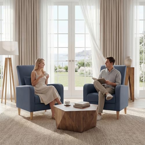 Image of COLAMY Mid-Century Modern Accent Chairs Set of 2, Faux Leather Upholstered Living Room Chairs with Back Pillow & Solid Wood Legs, Comfy Armchair for Living Room, Bedroom, Single Sofa, Dark Blue