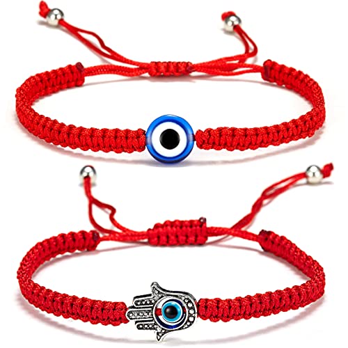 Fesciory Evil Eye Bracelets for Women, 2Pcs Adjustable Red String, 7 Knots Braided Lucky Thread, Hamsa Hand Amulet Bracelets for Men Women Jewelry Gifts