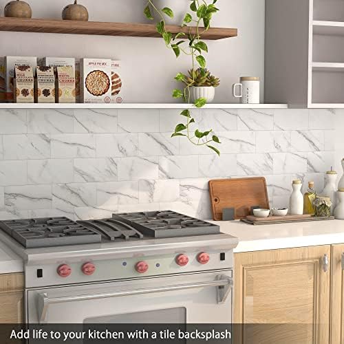 VAOVI Tile Stickers Kitchen Self Adhesive Wall Tiles,Large Stick on Bathroom Tiles 3D Peel and Stick Subway Marble Waterproof(20Tiles,White)
