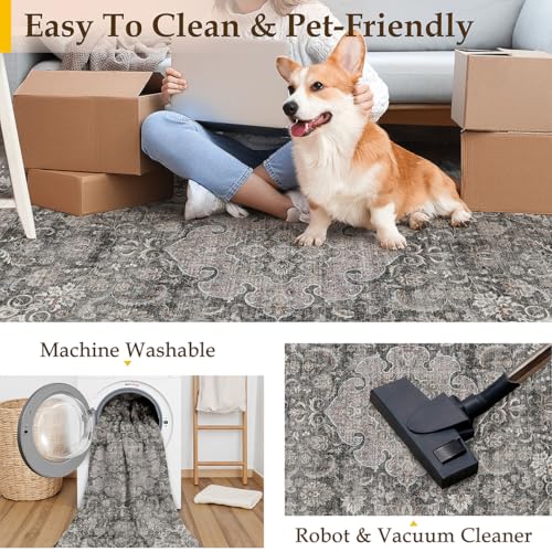 2x3 Washable Black Grey Vintage Area Rug for Entryway Non-Slip Low Pile Traditional Carpet Retro Distressed Vacuumable Door Mat Small Throw Rug for Entrance Bathroom