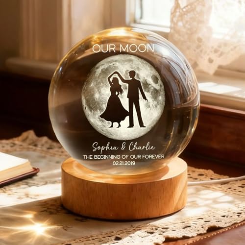 Image of Evamall Personalized Moon Phase Crystal Ball Night Light, Custom Night Sky By Date Lamp, Our Special Day Keepsake Gift for Couple Anniversary Wedding