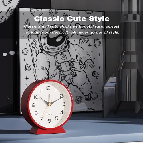 Image of AYRELY 4.5 inch Analog Alarm Clock,Small Retro Desk Clock Battery Operated,Silent Metal Table Clock with Light for Living Room Decor,Bedroom,Bedside,Shelf (red)